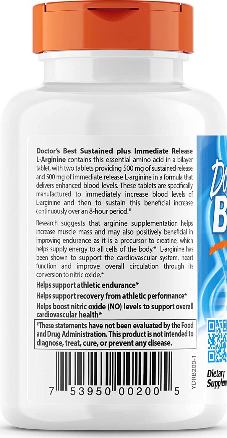 Doctor's Best Sustained Plus Immediate Release L-Arginine, Non-GMO, Vegan, Gluten and Soy Free, 500 mg, 120 Count