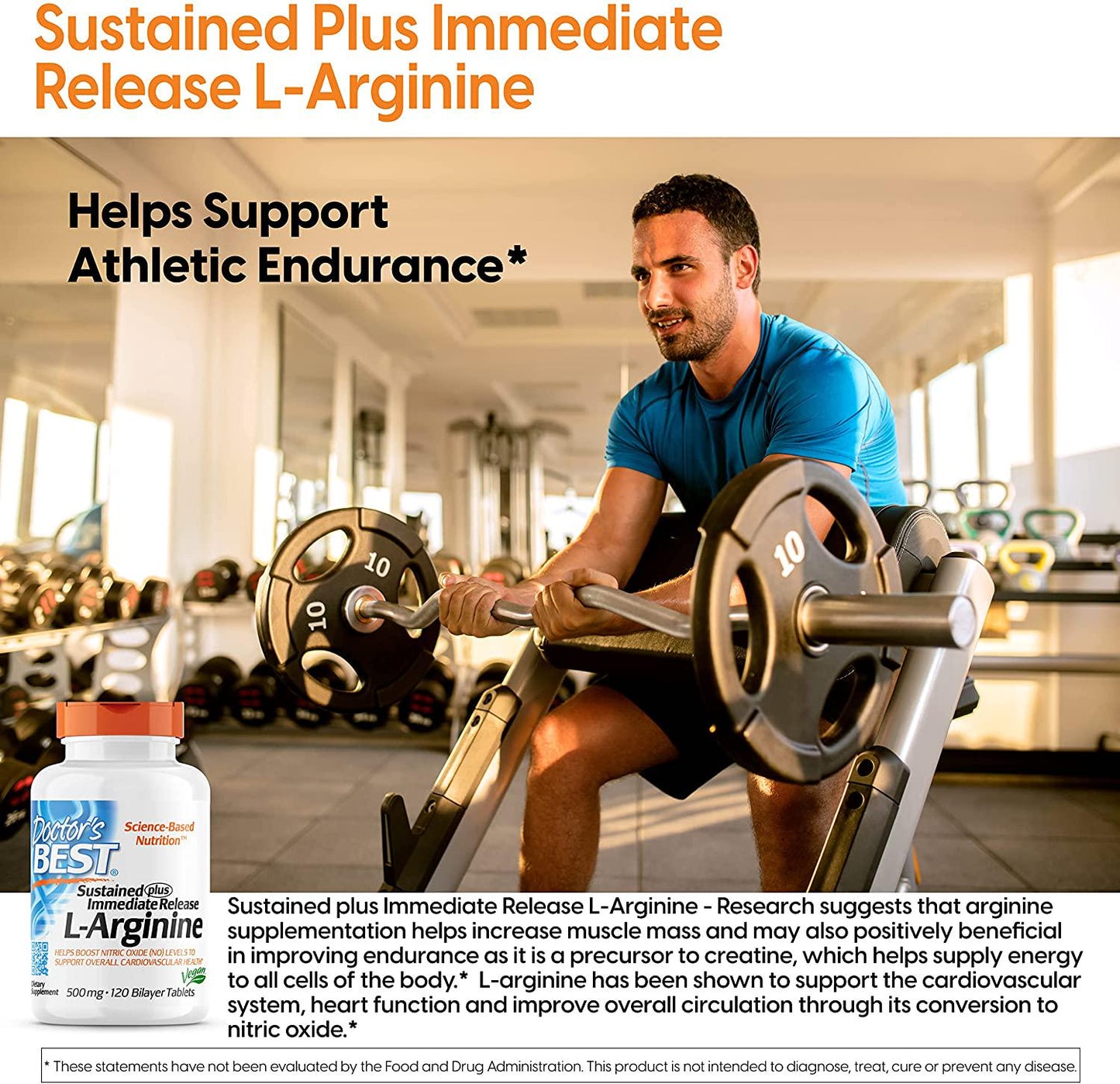 Doctor's Best Sustained Plus Immediate Release L-Arginine, Non-GMO, Vegan, Gluten and Soy Free, 500 mg, 120 Count