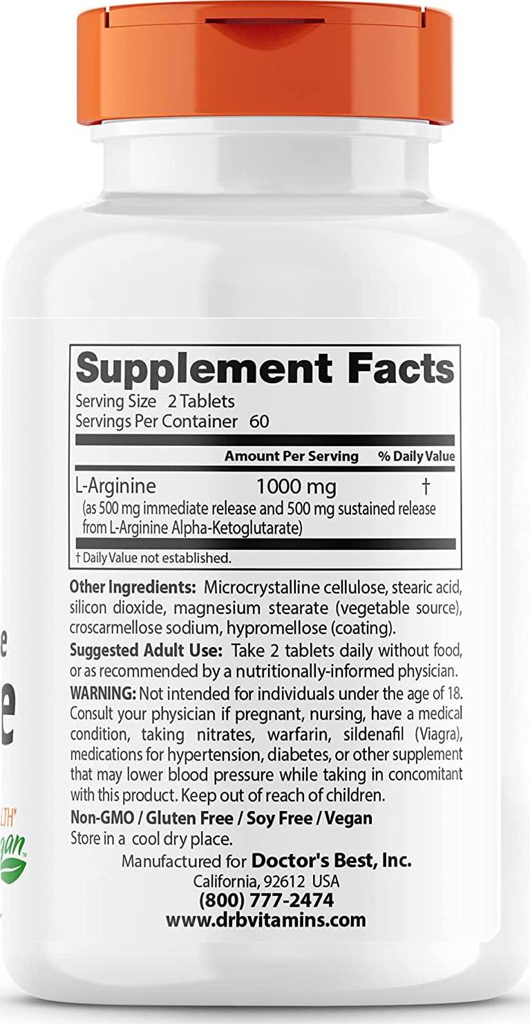 Doctor's Best Sustained Plus Immediate Release L-Arginine, Non-GMO, Vegan, Gluten and Soy Free, 500 mg, 120 Count
