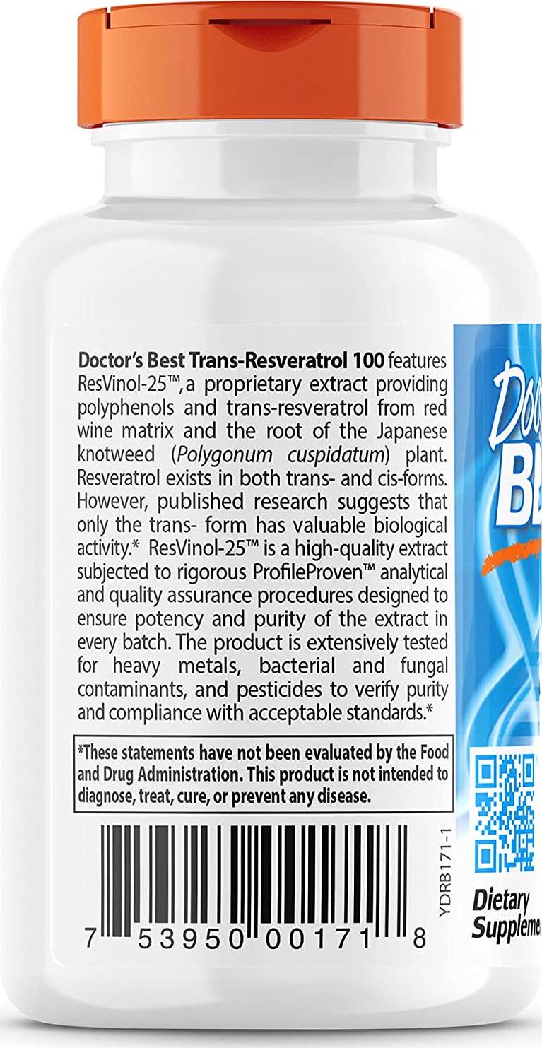Doctor's Best, Trans-Resveratrol with ResVinol, Non-GMO, Vegan, Gluten Free, Soy Free, 100 mg, 60 Veggie Caps
