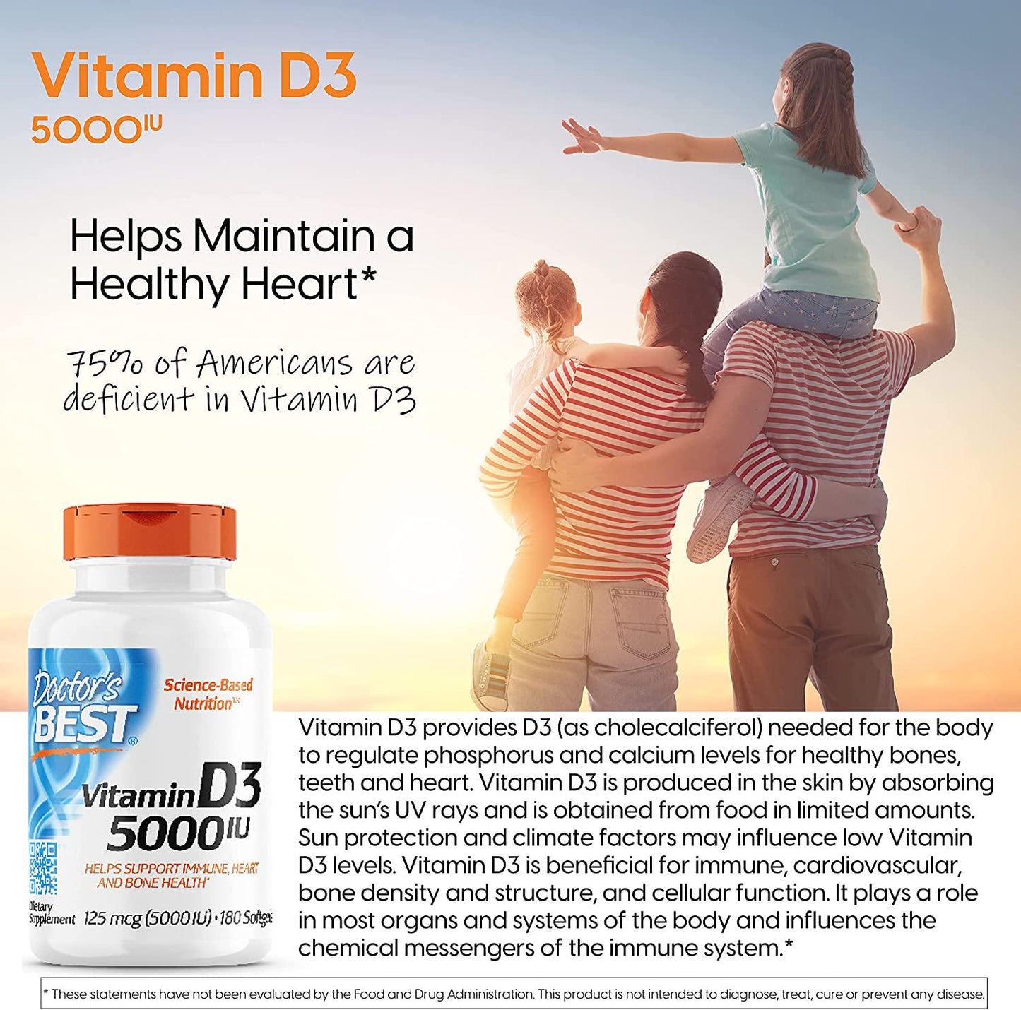 Doctor's Best Vitamin D3 5000IU, Non-GMO, Gluten Free, Soy Free, Regulates Immune Function, Supports Healthy Bones, 180 Softgels