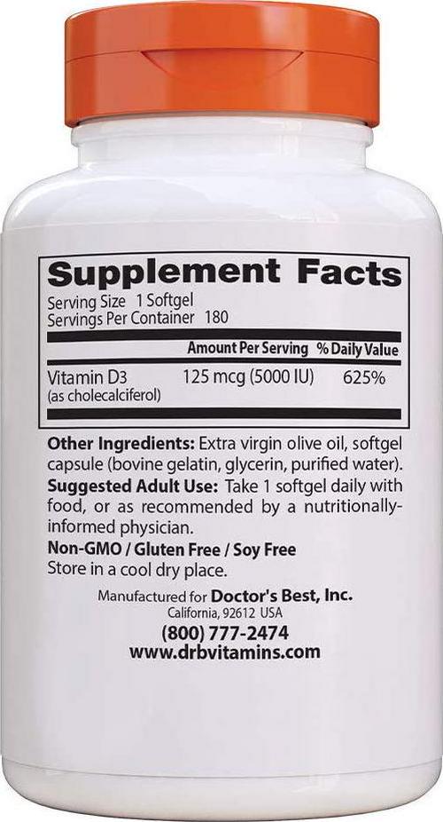 Doctor's Best Vitamin D3 5000IU, Non-GMO, Gluten Free, Soy Free, Regulates Immune Function, Supports Healthy Bones, 180 Softgels