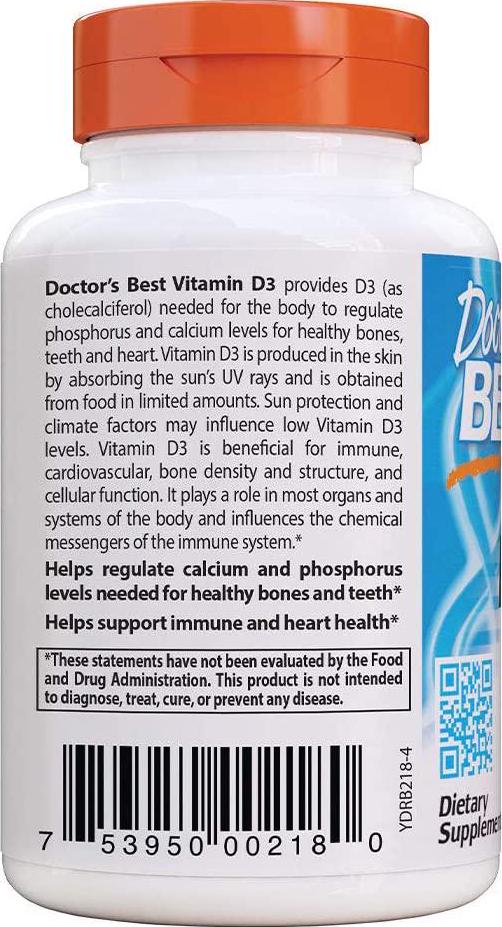 Doctor's Best Vitamin D3 5000IU, Non-GMO, Gluten Free, Soy Free, Regulates Immune Function, Supports Healthy Bones, 180 Softgels
