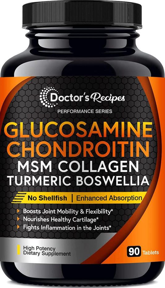Doctor’s Recipes Complete Joint Support Glucosamine Chondroitin Turmeric MSM Quercetin for Inflammation, Pain, Discomfort, Men and Women, Black Pepper for High Absorption, No Shellfish Soy, 90 Tabs