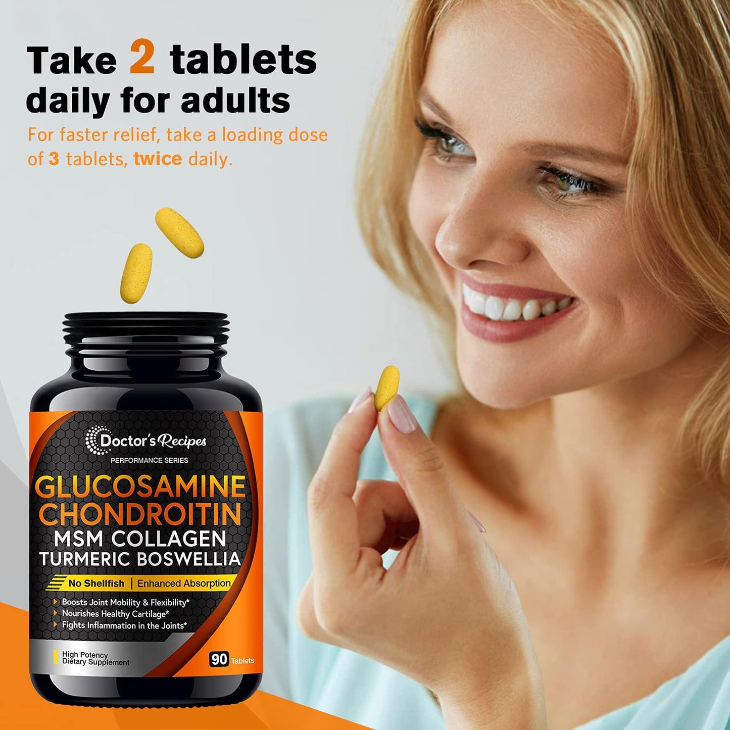 Doctor’s Recipes Complete Joint Support Glucosamine Chondroitin Turmeric MSM Quercetin for Inflammation, Pain, Discomfort, Men and Women, Black Pepper for High Absorption, No Shellfish Soy, 90 Tabs