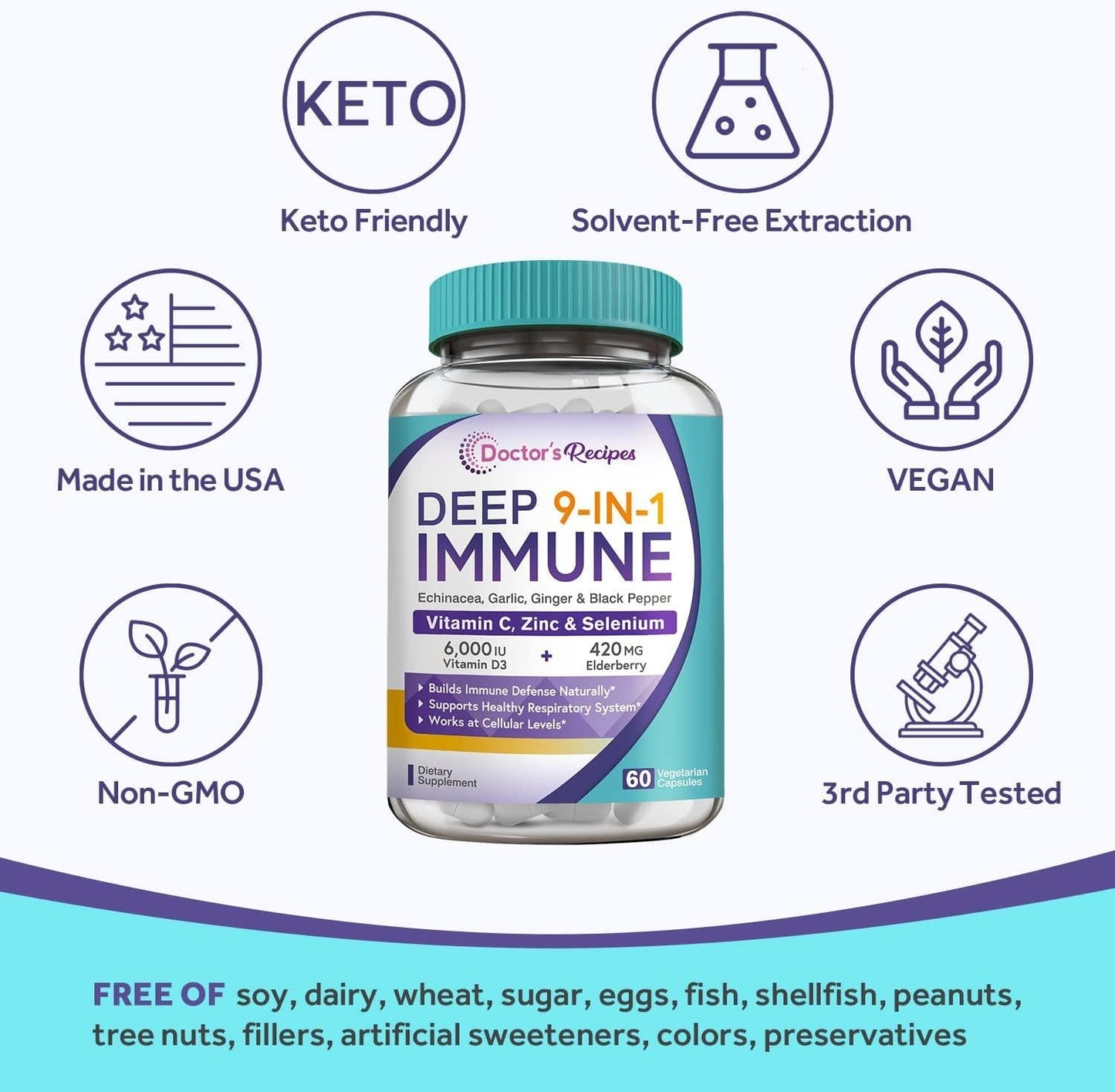 Doctor s Recipes Immune Support, Elderberry, ZINC, Vitamin C, Vitamin D, Selenium, Echinacea, Odorless Garlic, Ginger, Immune Booster Supplement, Vegetarian, 9-IN-1 Natural Immune Defense, 60 Veg Caps