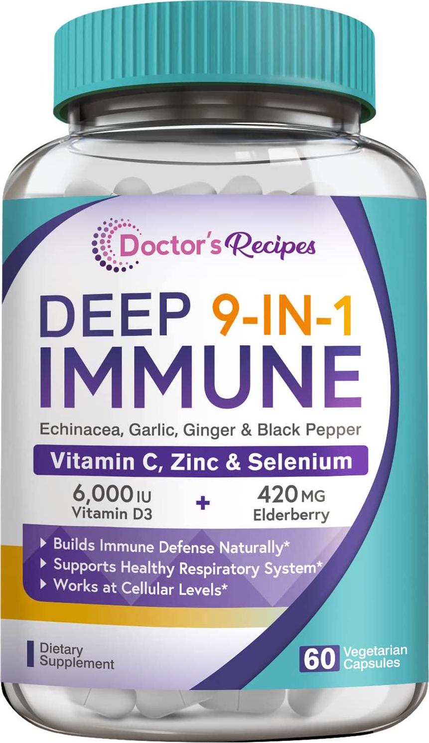 Doctor s Recipes Immune Support, Elderberry, ZINC, Vitamin C, Vitamin D, Selenium, Echinacea, Odorless Garlic, Ginger, Immune Booster Supplement, Vegetarian, 9-IN-1 Natural Immune Defense, 60 Veg Caps