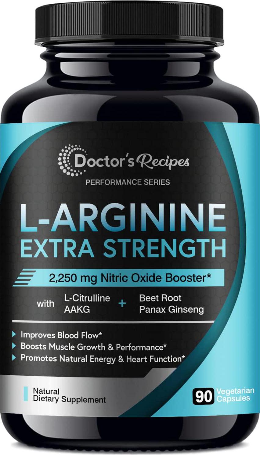 Doctor s Recipes L-Arginine for Men and Women 90 Caps, AAKG, L-Citrulline, Beet Root and Panax Ginseng, 2250 mg High Dose NO Booster for Muscle, Vascularity, Performance, Energy and Heart Health, Non-GMO