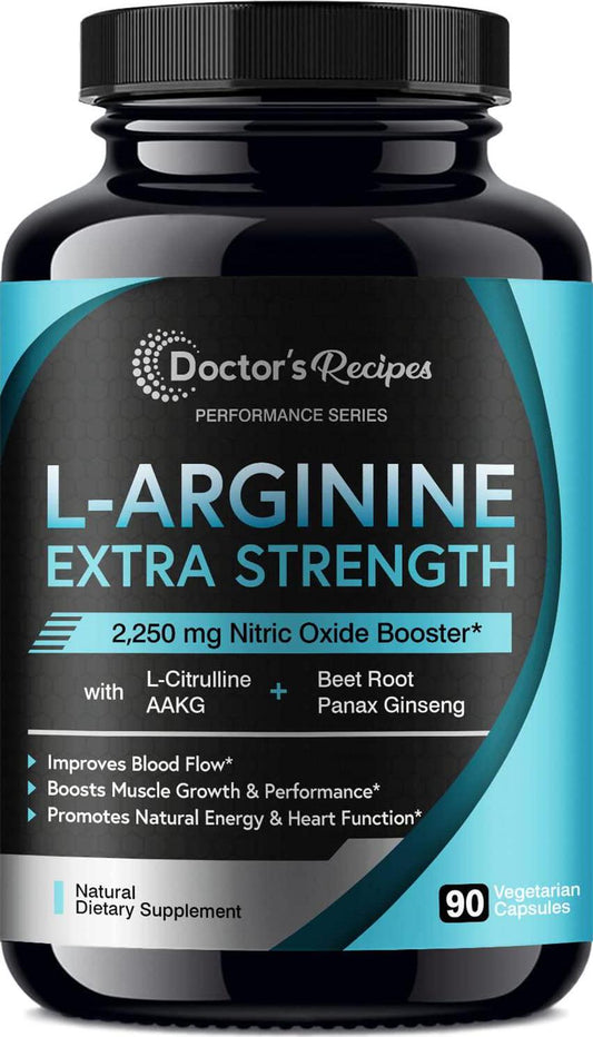 Doctor s Recipes L-Arginine for Men and Women 90 Caps, AAKG, L-Citrulline, Beet Root and Panax Ginseng, 2250 mg High Dose NO Booster for Muscle, Vascularity, Performance, Energy and Heart Health, Non-GMO