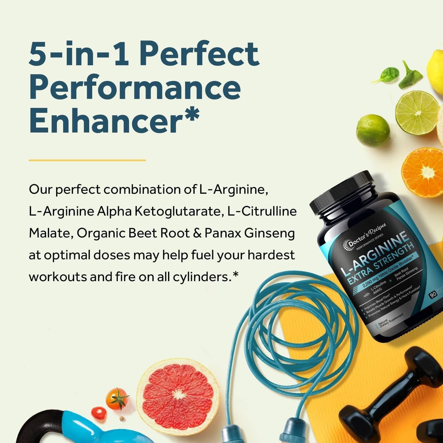 Doctor s Recipes L-Arginine for Men and Women 90 Caps, AAKG, L-Citrulline, Beet Root and Panax Ginseng, 2250 mg High Dose NO Booster for Muscle, Vascularity, Performance, Energy and Heart Health, Non-GMO