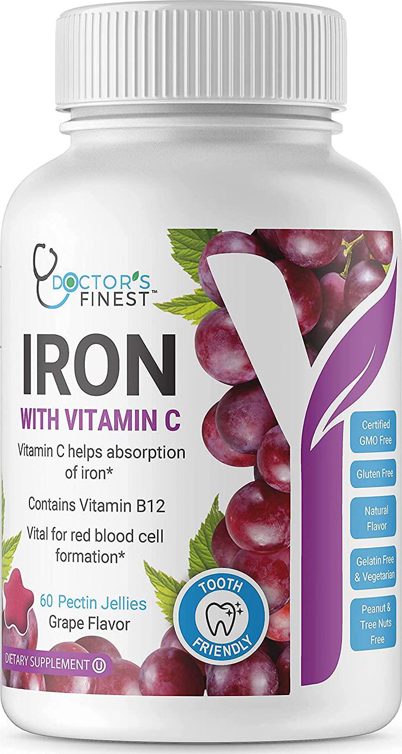 Doctors Finest Iron w/ Vitamin C and B12 Gummies – Vegetarian – GMO Free and Gluten Free – Great Tasting Grape Flavor Pectin Chews – Adult Dietary Supplement 60 Count [30 Doses]