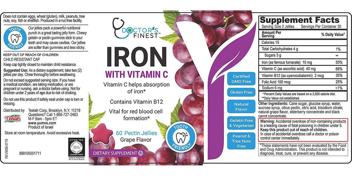 Doctors Finest Iron w/ Vitamin C and B12 Gummies – Vegetarian – GMO Free and Gluten Free – Great Tasting Grape Flavor Pectin Chews – Adult Dietary Supplement 60 Count [30 Doses]