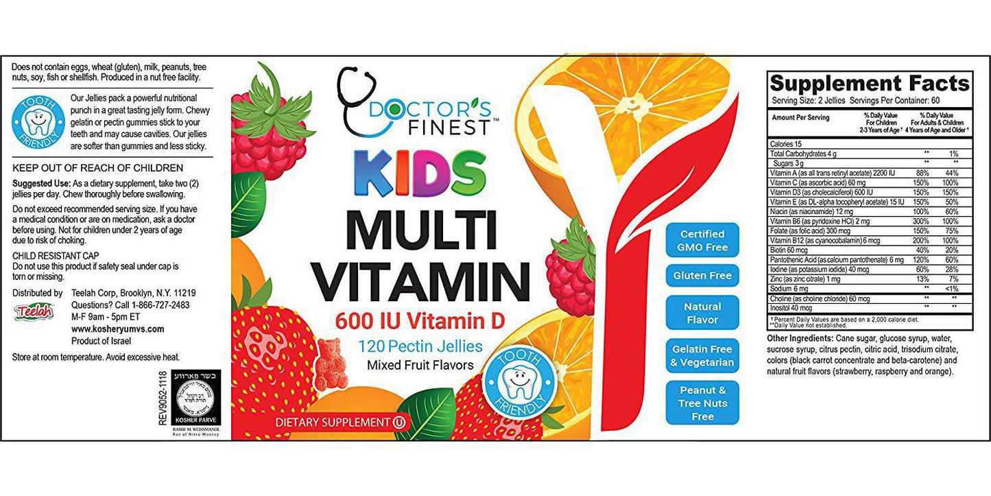 Doctors Finest Multivitamin Gummies for Kids, Vegetarian, GMO-Free and Gluten Free, Great Tasting Fruit Flavors Pectin Chews w/Vitamins A, C, D, E, 6 Different B Vitamins, 120 Count [60 Doses]