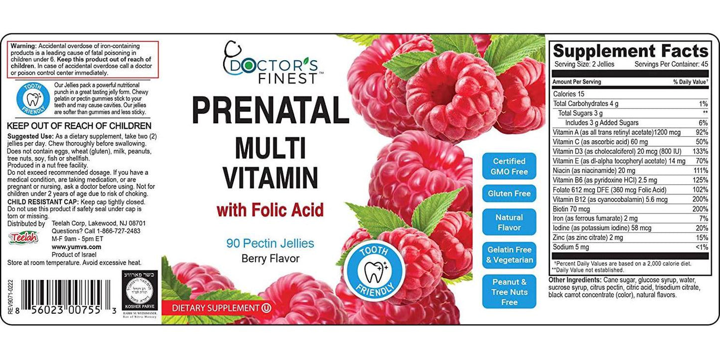 Doctors Finest Prenatal Multivitamin W/Folic Acid and Iron Gummies Vegetarian, GMO-Free and Gluten Free Great Tasting Raspberry Flavor Pectin Chews 90 Count [45 Doses]