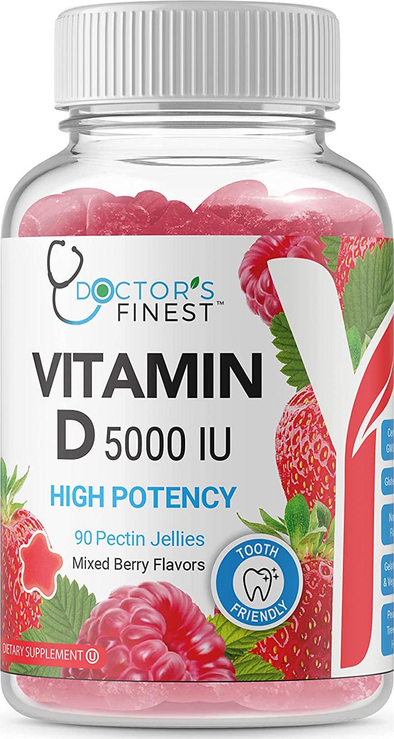 Doctors Finest Vitamin D 5000 IU High Potency Gummies – Tooth Friendly – Vegetarian, GMO-Free and Gluten Free – Great Tasting Mixed Berry Flavor Pectin Chews – Dietary Supplement – 90 Jellies [45 Doses]