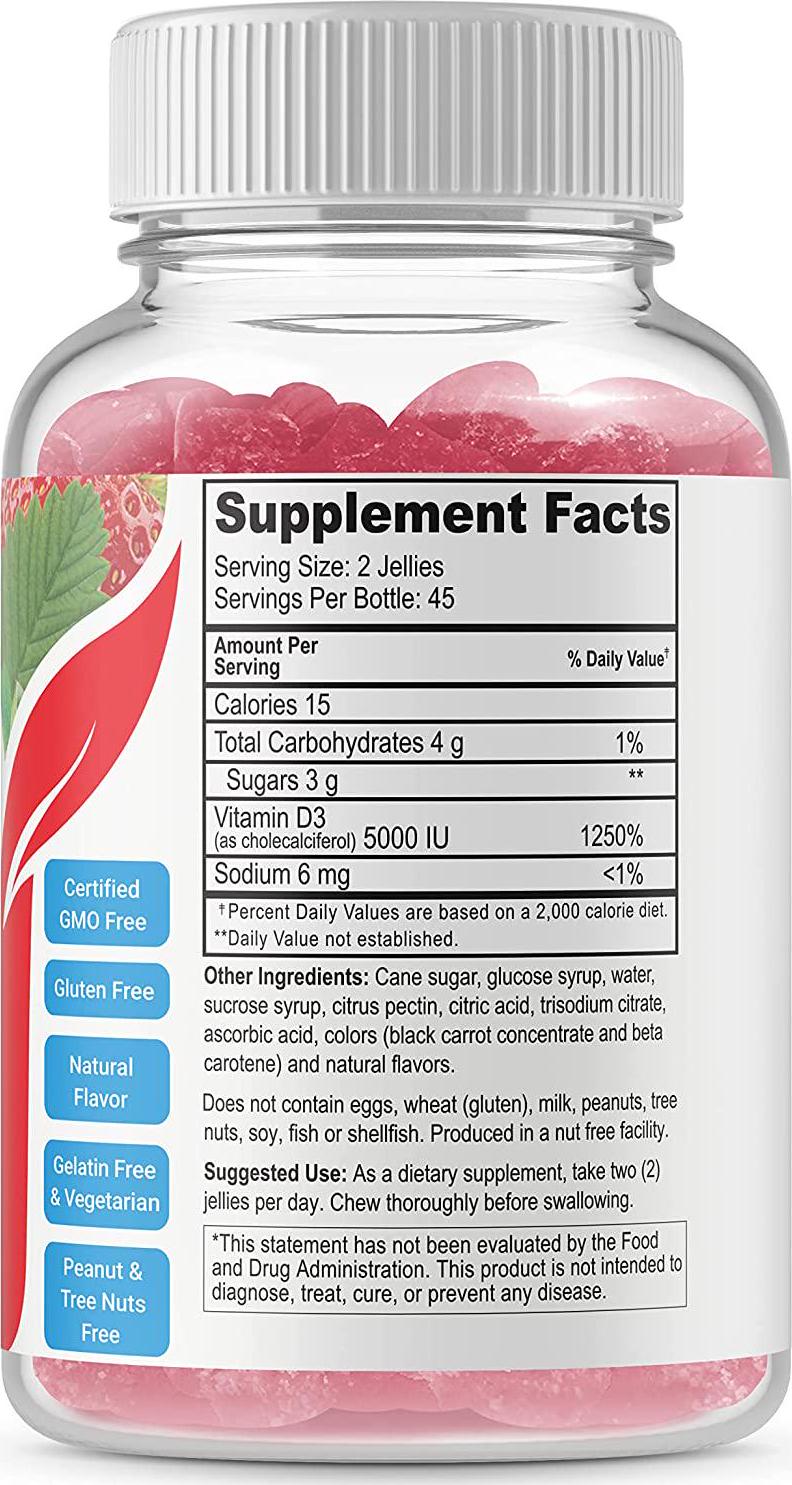 Doctors Finest Vitamin D 5000 IU High Potency Gummies – Tooth Friendly – Vegetarian, GMO-Free and Gluten Free – Great Tasting Mixed Berry Flavor Pectin Chews – Dietary Supplement – 90 Jellies [45 Doses]