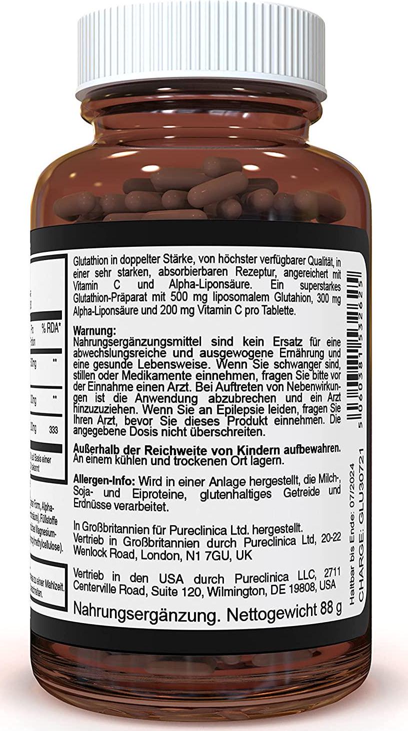 Double Strength Glutathione 500mg x 60 Tablets - 2 Bottles (120 Tablets). 500mg Reduced glutathione, 300mg Vitamin c, 200mg Alpha lipoic Acid. 200% Stronger Than Regular glutathione. SKU = GLU3x2