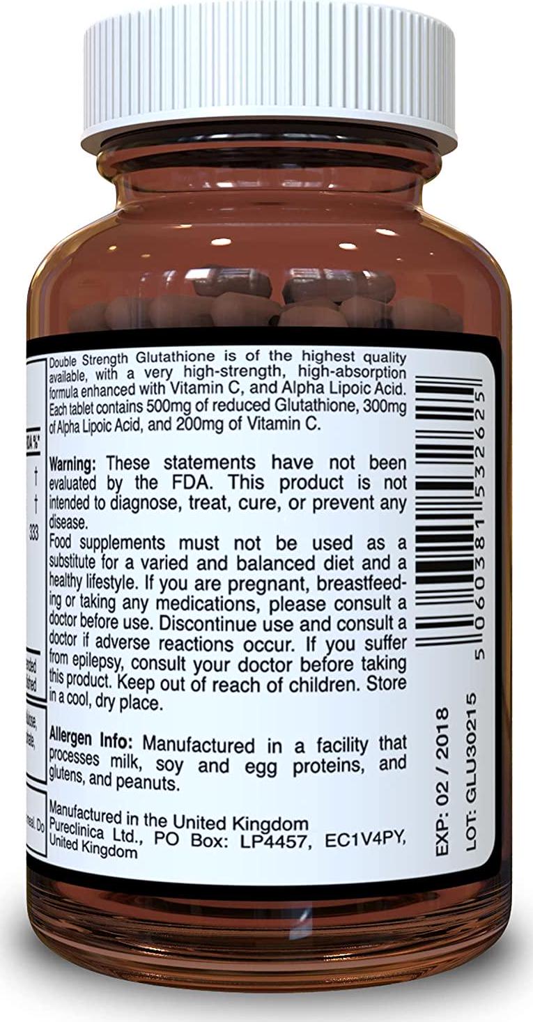 Double Strength Glutathione 500mg x 60 Tablets - 2 Bottles (120 Tablets). 500mg Reduced glutathione, 300mg Vitamin c, 200mg Alpha lipoic Acid. 200% Stronger Than Regular glutathione. SKU = GLU3x2