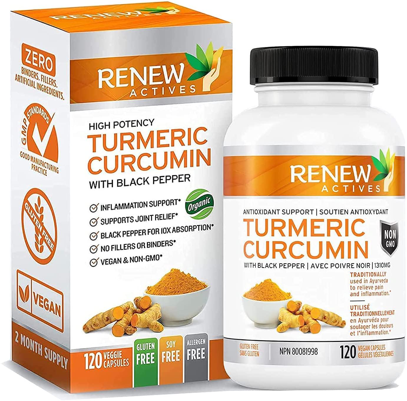 Double Strength Organic Turmeric + Black Pepper: Renew Actives 1310mg Turmeric Curcumin Supplement. Powerful Joint Support