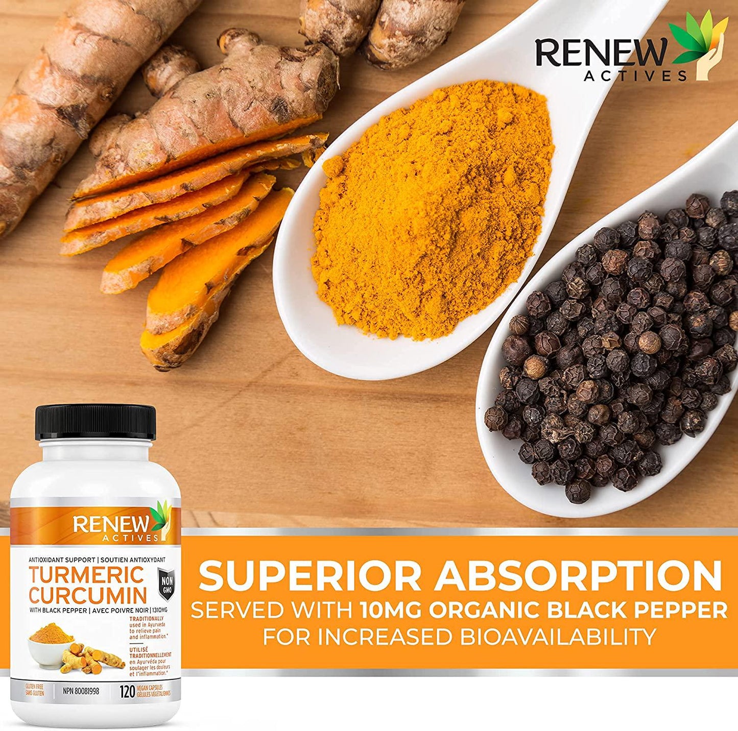 Double Strength Organic Turmeric + Black Pepper: Renew Actives 1310mg Turmeric Curcumin Supplement. Powerful Joint Support
