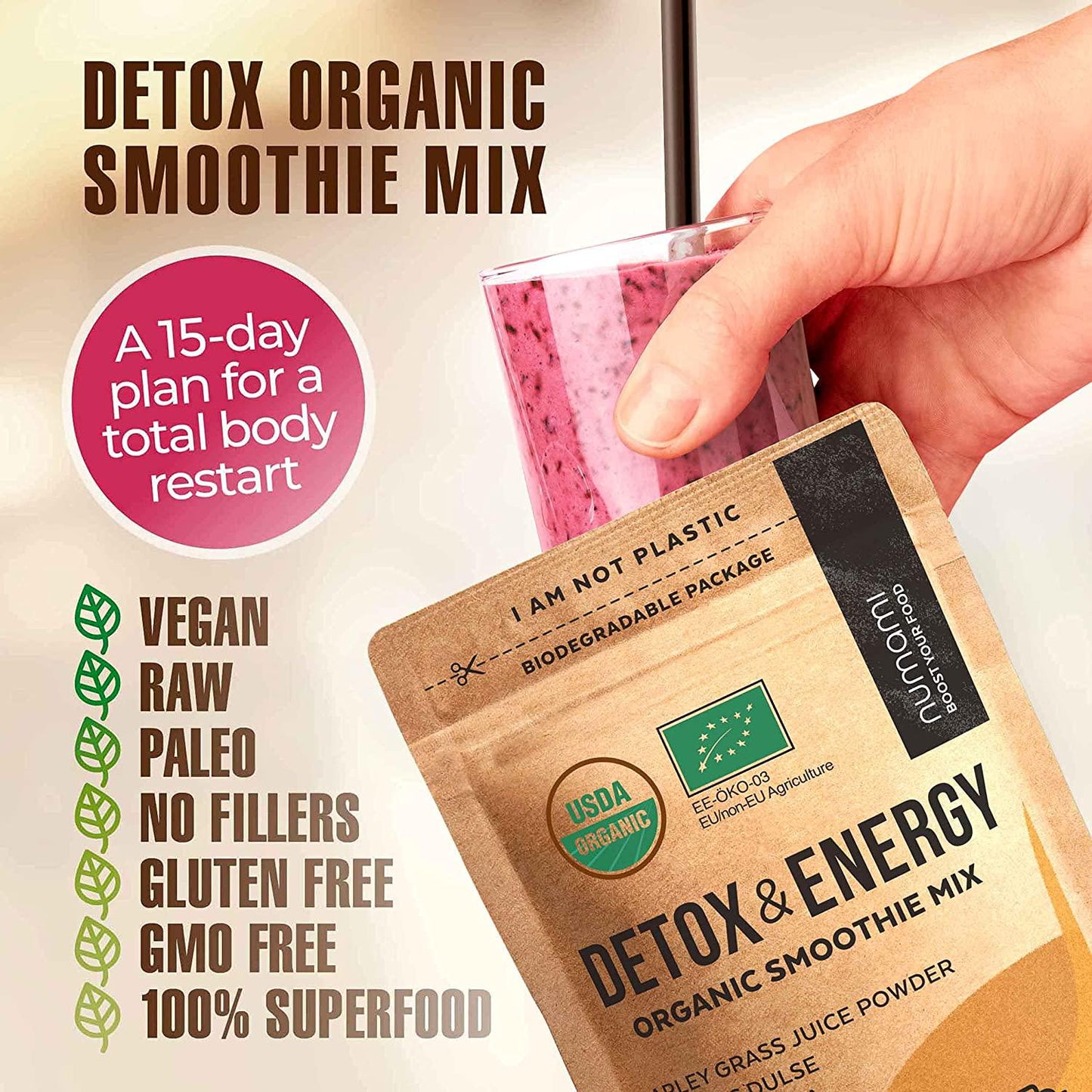 Double Up Your Detox Plan with Energy Smoothie Mix for Ultimate Detoxification and Metabolism Boost Giving You More Energy Without Caffeine.