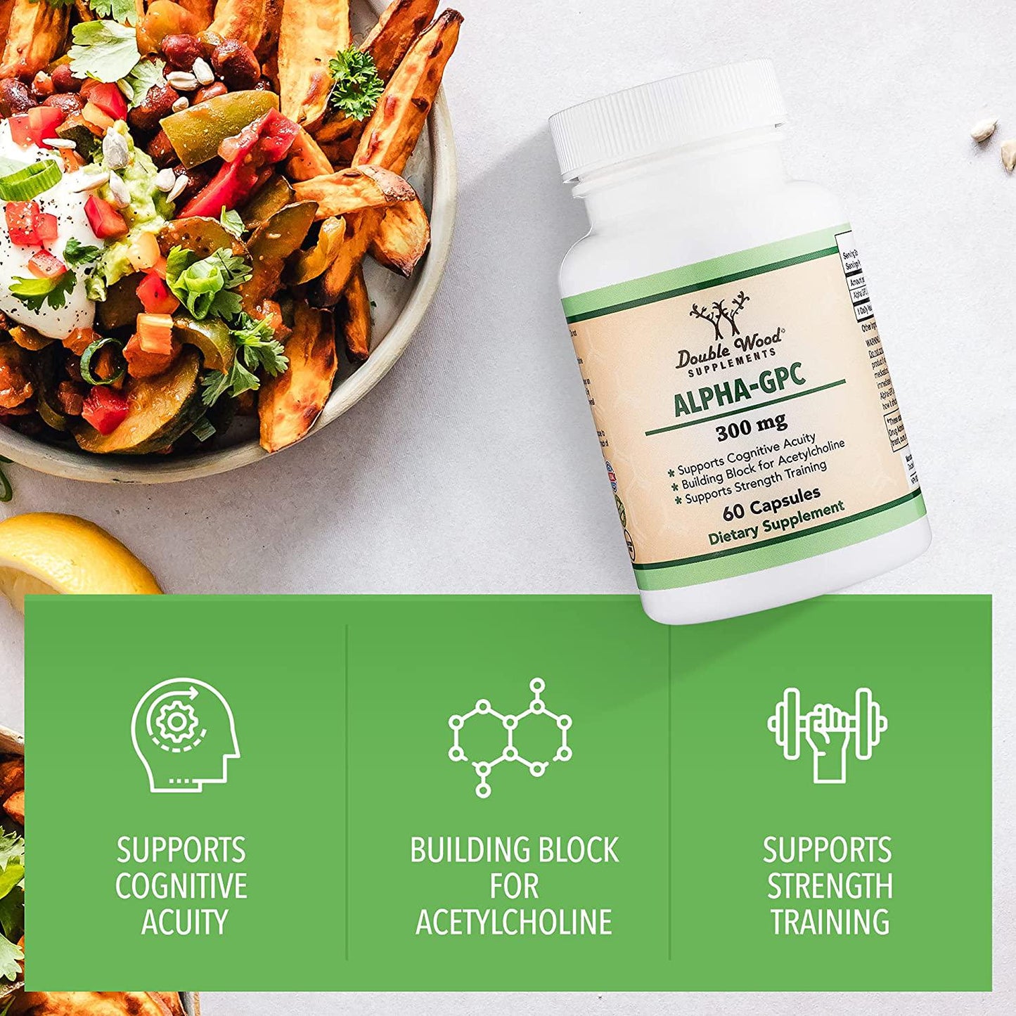 Double Wood Supplements Alpha GPC Choline Supplement, Pharmaceutical Grade, (60 Capsules 300mg)