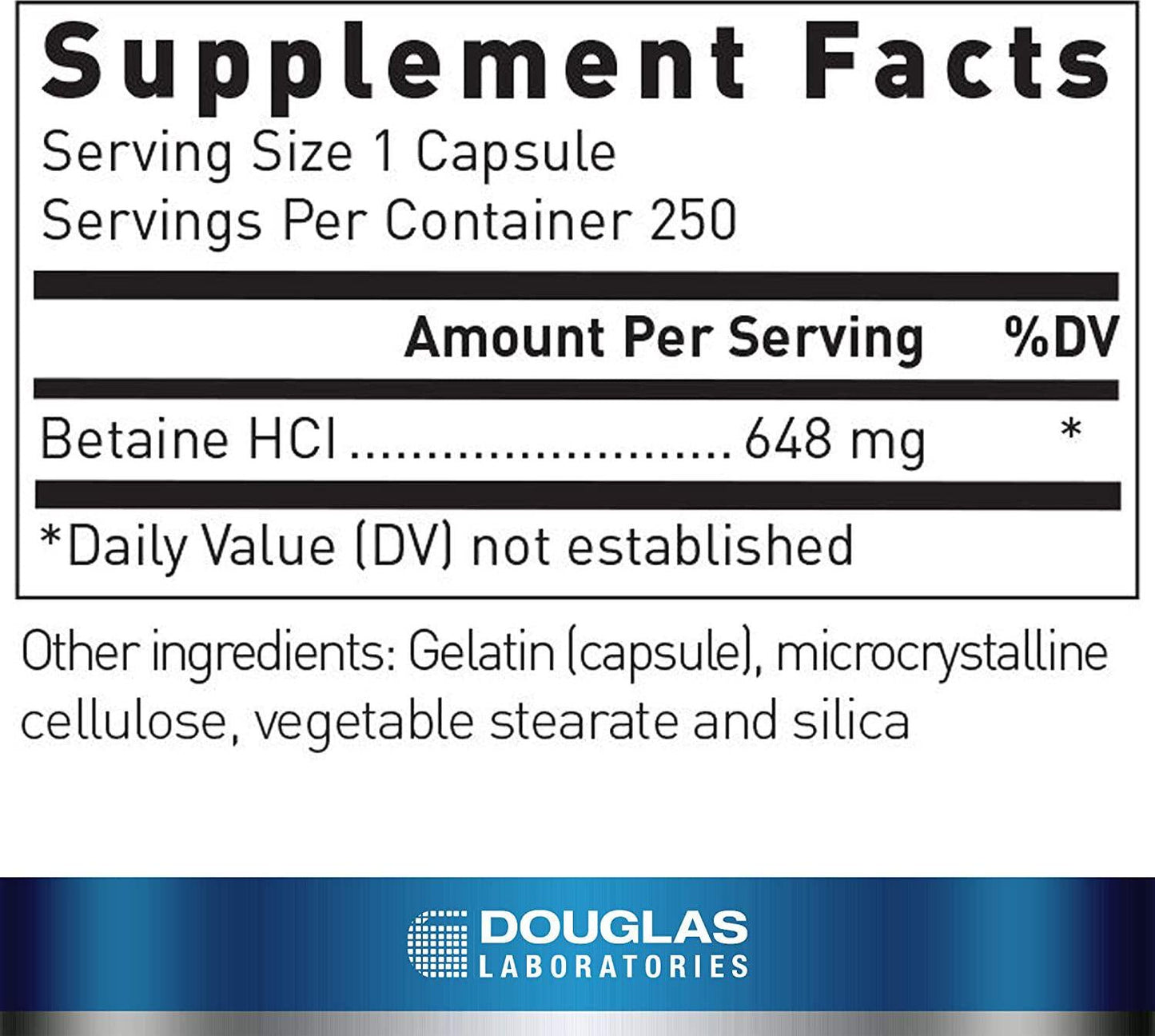 Douglas Laboratories Betaine Hydrochloride | Powdered Dietary Supplement of Hydrochloric Acid to Support Digestion | 250 Capsules