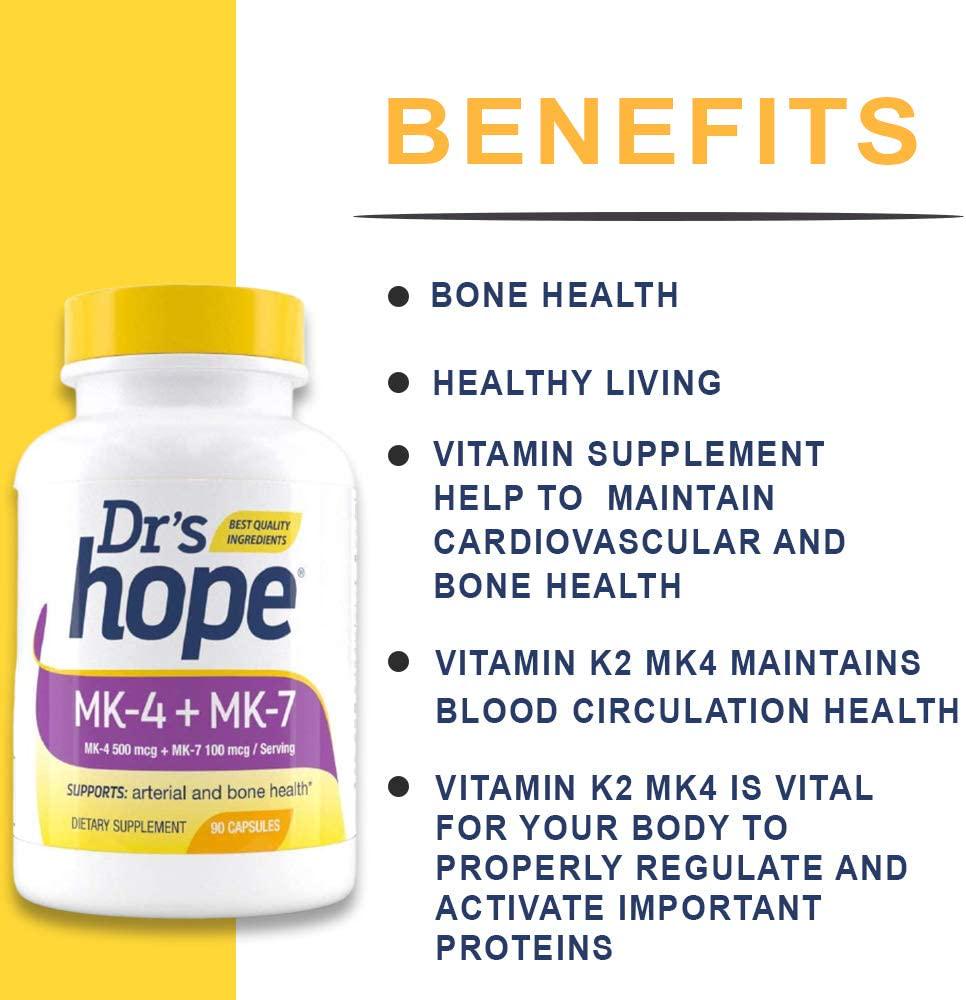 Dr&#039;s Hope Vitamin K2 MK4 (Menaquinone-4) 500 mcg + MK7 (Menaquinone-7) 100 mcg | 90 Veggie Capsules Supports Cardiovascular and Circulatory Health | Non-GMO, Gluten-Free, Vegan - Made in The USA