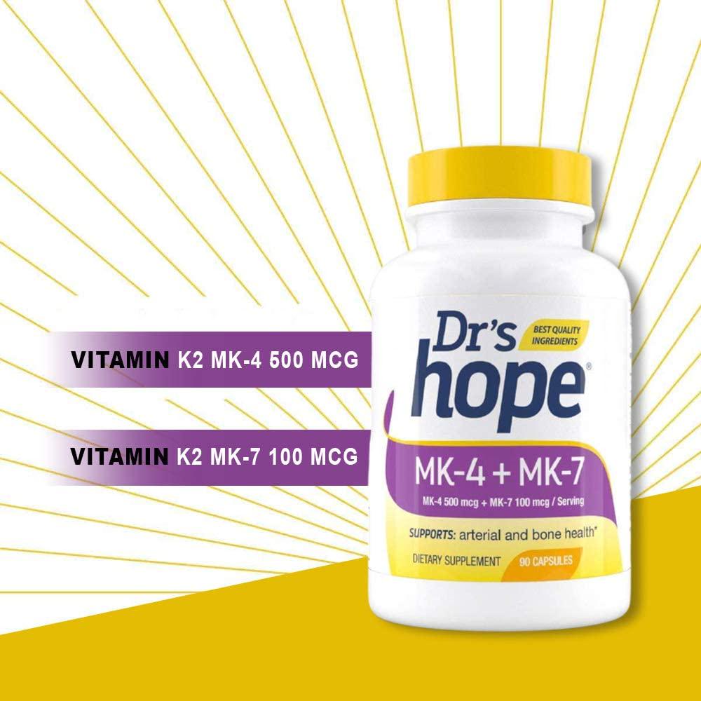 Dr&#039;s Hope Vitamin K2 MK4 (Menaquinone-4) 500 mcg + MK7 (Menaquinone-7) 100 mcg | 90 Veggie Capsules Supports Cardiovascular and Circulatory Health | Non-GMO, Gluten-Free, Vegan - Made in The USA