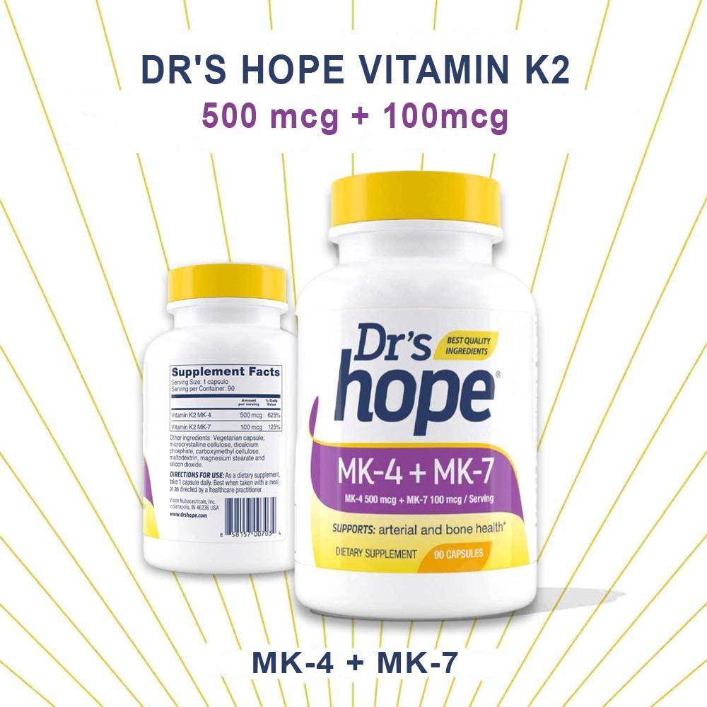 Dr&#039;s Hope Vitamin K2 MK4 (Menaquinone-4) 500 mcg + MK7 (Menaquinone-7) 100 mcg | 90 Veggie Capsules Supports Cardiovascular and Circulatory Health | Non-GMO, Gluten-Free, Vegan - Made in The USA