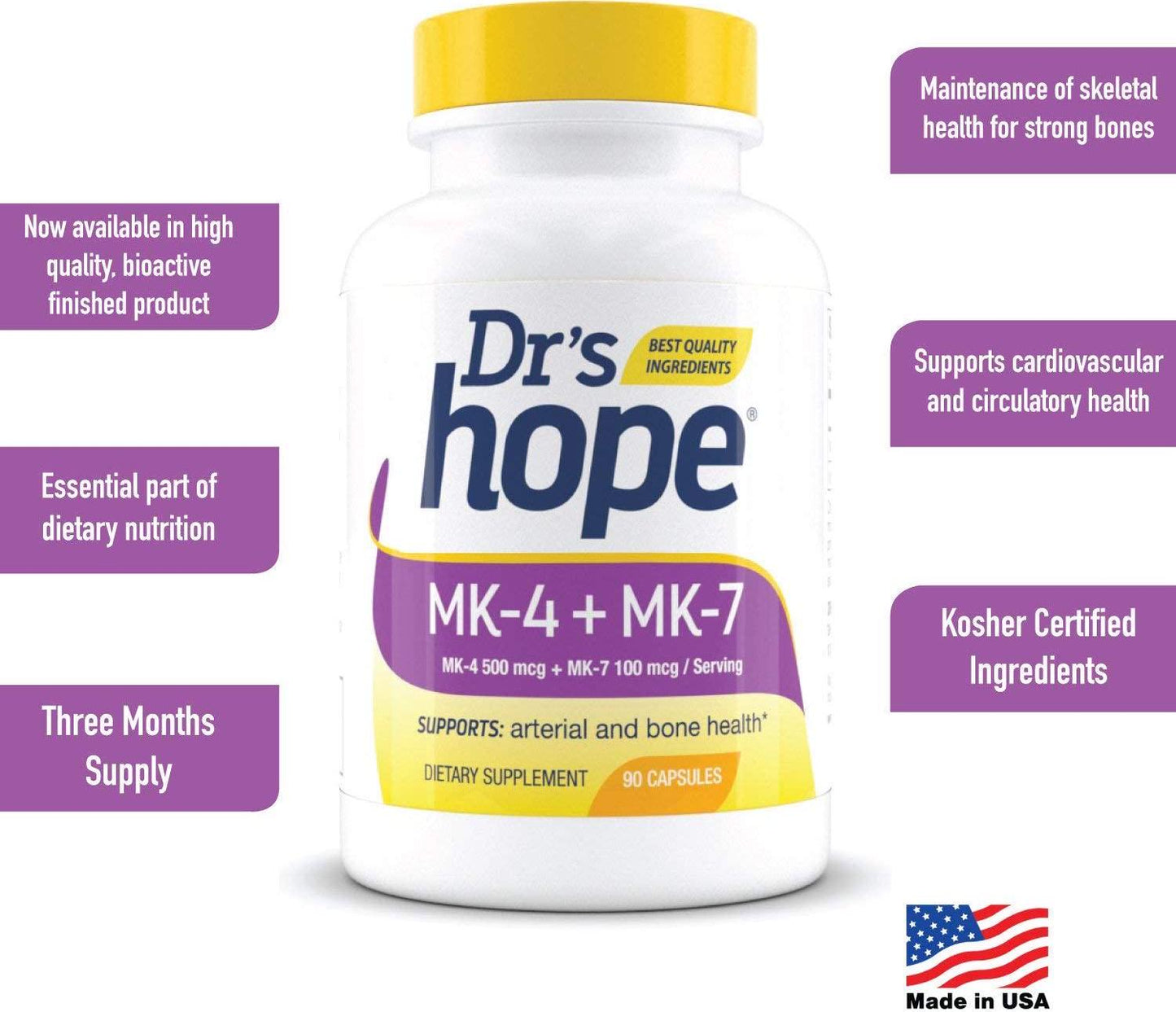 Dr&#039;s Hope Vitamin K2 MK4 (Menaquinone-4) 500 mcg + MK7 (Menaquinone-7) 100 mcg | 90 Veggie Capsules Supports Cardiovascular and Circulatory Health | Non-GMO, Gluten-Free, Vegan - Made in The USA