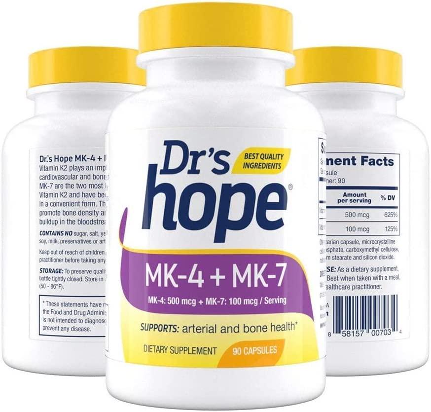 Dr&#039;s Hope Vitamin K2 MK4 (Menaquinone-4) 500 mcg + MK7 (Menaquinone-7) 100 mcg | 90 Veggie Capsules Supports Cardiovascular and Circulatory Health | Non-GMO, Gluten-Free, Vegan - Made in The USA