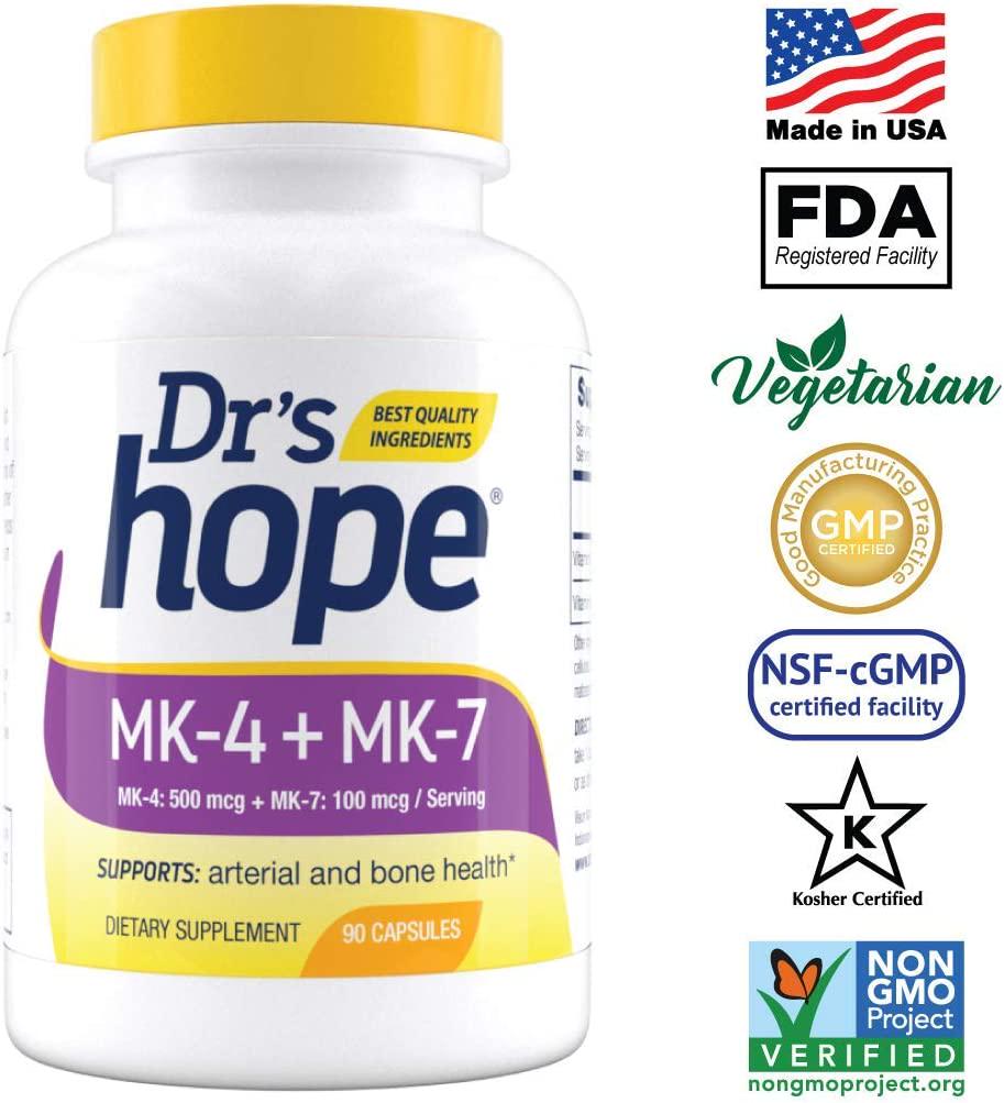 Dr&#039;s Hope Vitamin K2 MK4 (Menaquinone-4) 500 mcg + MK7 (Menaquinone-7) 100 mcg | 90 Veggie Capsules Supports Cardiovascular and Circulatory Health | Non-GMO, Gluten-Free, Vegan - Made in The USA