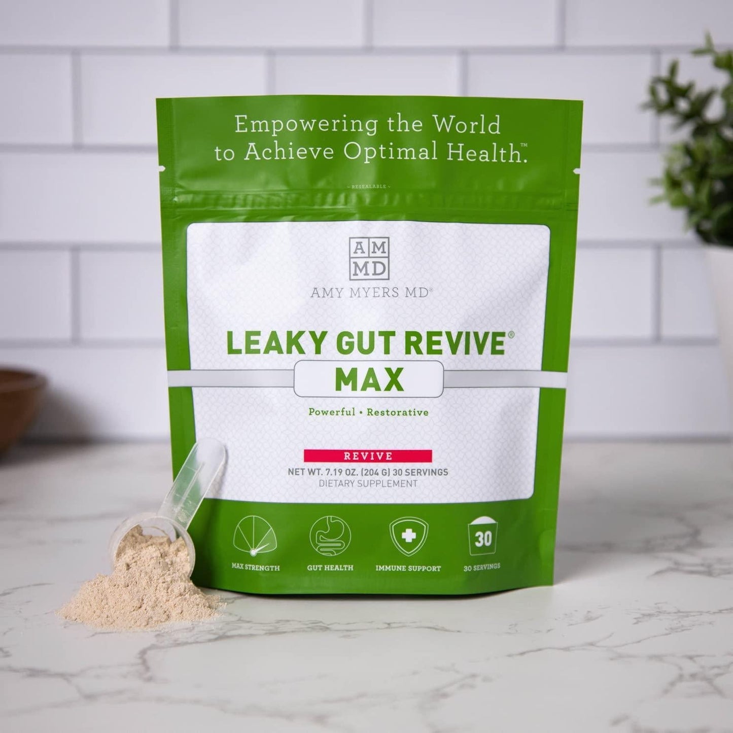 Dr. Amy Myers Leaky Gut Revive MAX Powder for Leaky Gut Repair Potent L-Glutamine Powder to Support Constipation, IBS, Diarrhea, Bloating, Gas, SIBO Plant Based Supplement for Gut Health, 1 Month