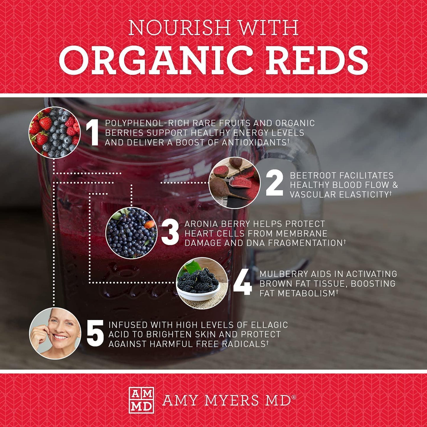 Dr Amy Myers Organic Reds Superfood Powder - Best Super Reds Powder with +13 USDA Certified Organic Ingredients - Contains Organic Beet Root Powder, Pomegranate, Raspberry + More - 30 Servings