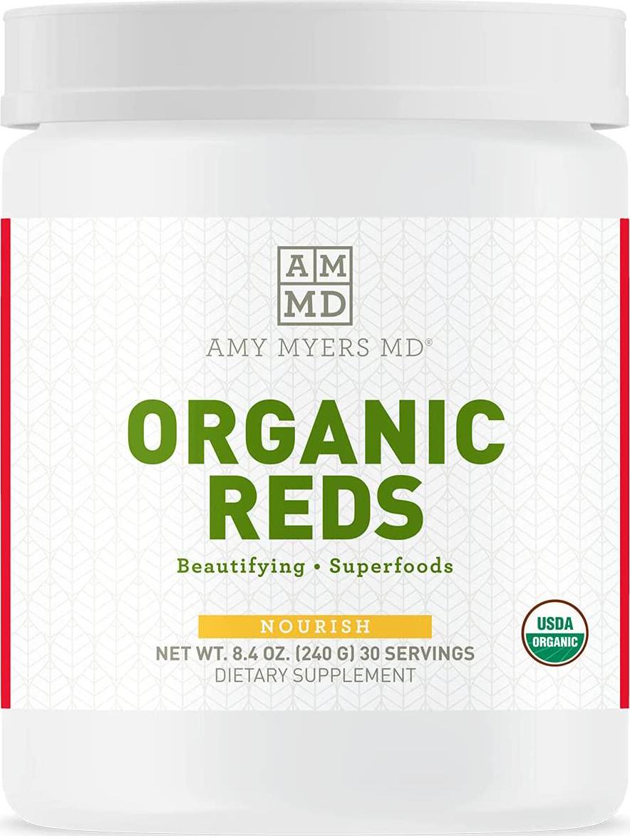 Dr Amy Myers Organic Reds Superfood Powder - Best Super Reds Powder with +13 USDA Certified Organic Ingredients - Contains Organic Beet Root Powder, Pomegranate, Raspberry + More - 30 Servings