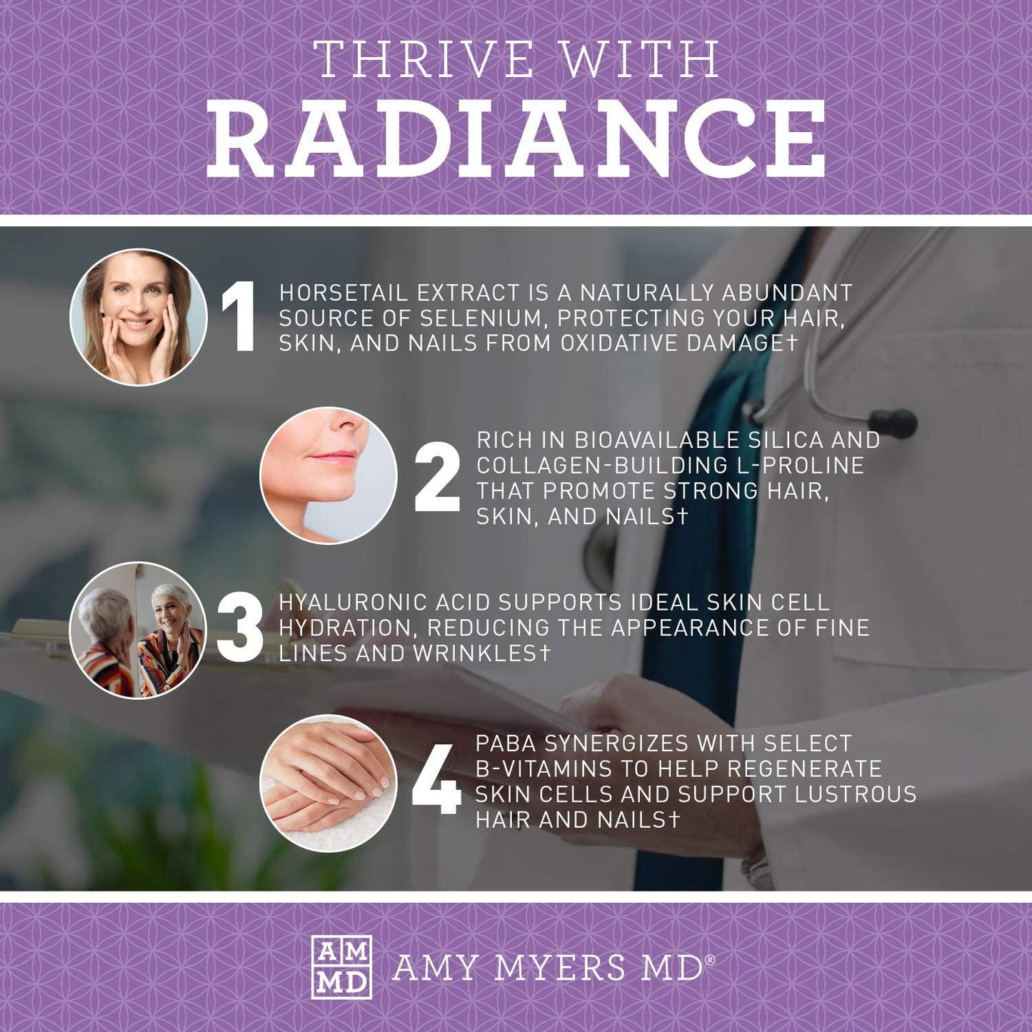 Dr. Amy Myers Radiance Hair Skin and Nails Vitamins for Women and Men - Biotin for Hair Growth, Strong Nails and Healthy Skin - Hyaluronic Acid, Vitamin B3 Niacin, Horsetail, PABA, Proline - 120 Capsules