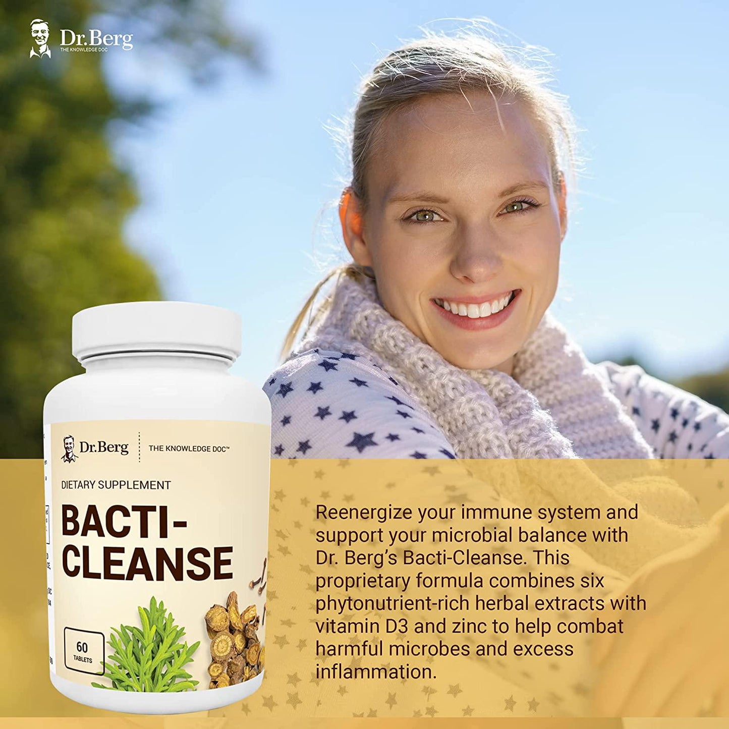 Dr. Berg's Bacti-Cleanse - 8in1 Immune Booster Supplements with Digestive and Inflammation Support Formula - Natural Phytonutrients Minerals and Rich in Antioxidants w/ Vitamin D3 and Zinc - 60 Capsules