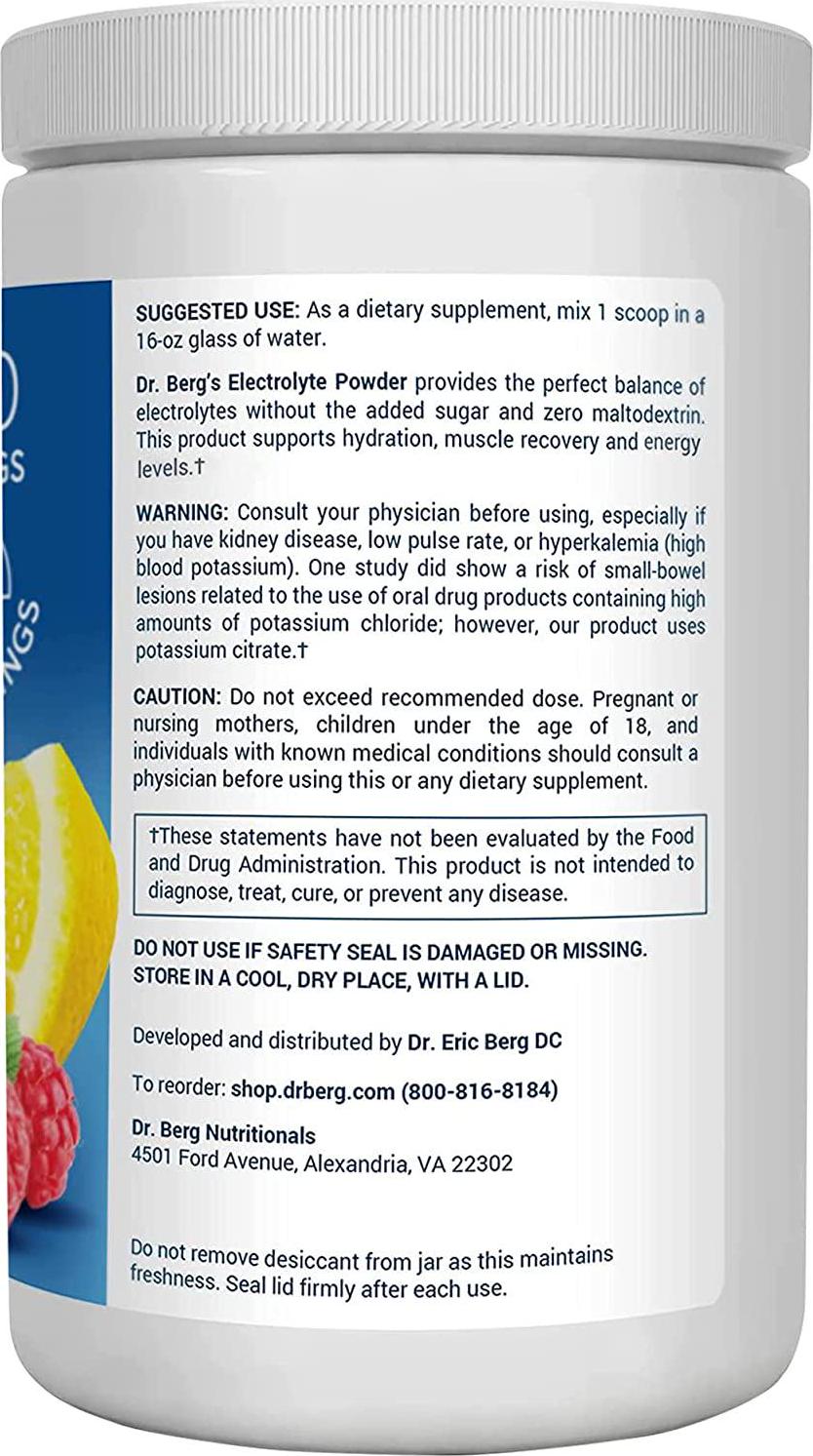 Dr. Berg&#039;s Electrolyte Powder, Raspberry and Lemon Natural Flavor - Hydration Drink Mix Supplement w/ 13x Potassium - Boost Energy and Keto Friendly - NO Maltodextrin Sugar and Carb Free - 100 Servings