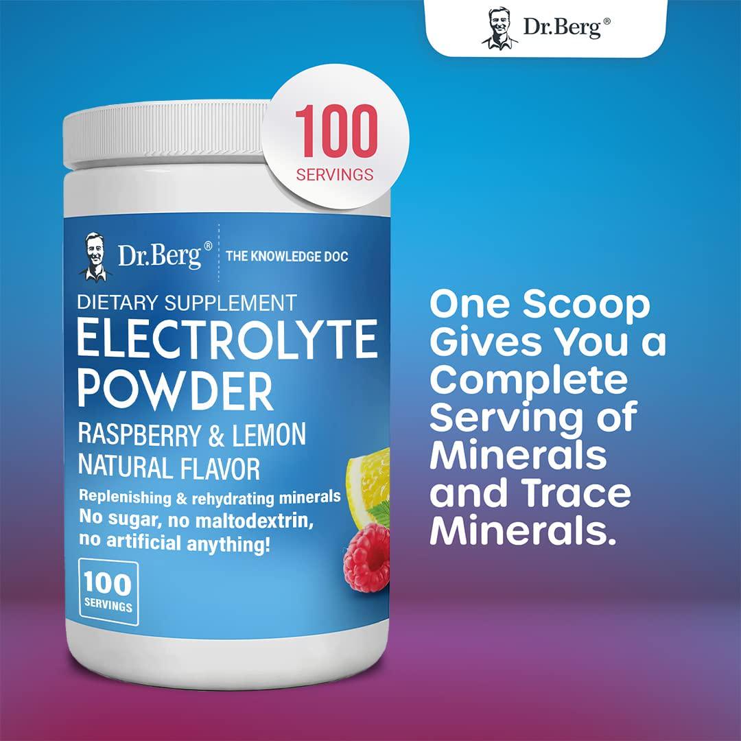 Dr. Berg&#039;s Electrolyte Powder, Raspberry and Lemon Natural Flavor - Hydration Drink Mix Supplement w/ 13x Potassium - Boost Energy and Keto Friendly - NO Maltodextrin Sugar and Carb Free - 100 Servings