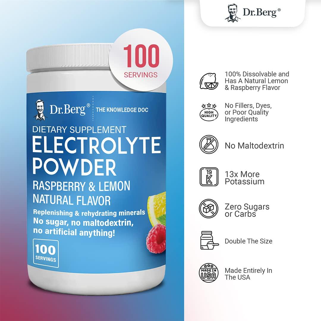 Dr. Berg&#039;s Electrolyte Powder, Raspberry and Lemon Natural Flavor - Hydration Drink Mix Supplement w/ 13x Potassium - Boost Energy and Keto Friendly - NO Maltodextrin Sugar and Carb Free - 100 Servings