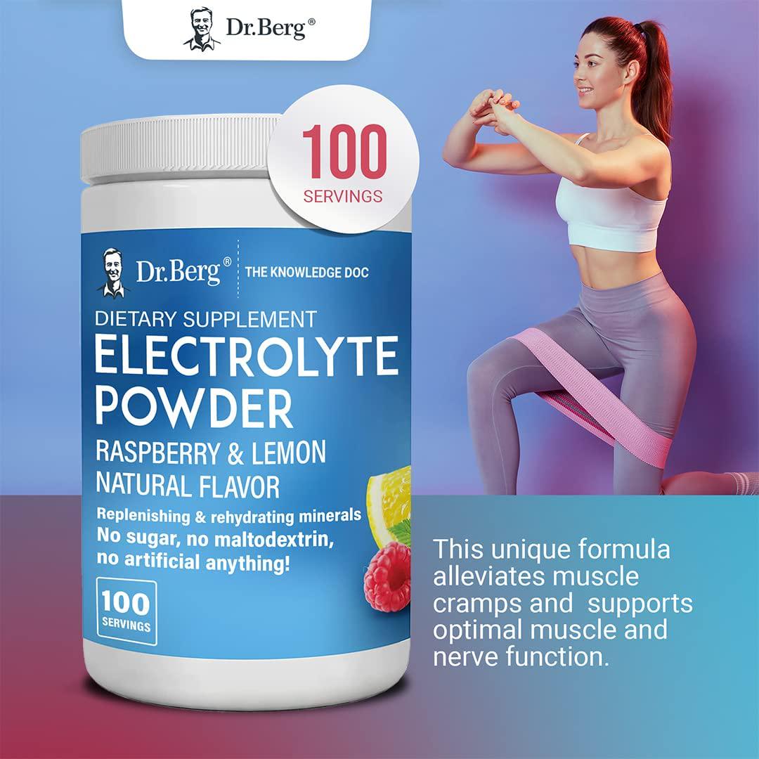 Dr. Berg&#039;s Electrolyte Powder, Raspberry and Lemon Natural Flavor - Hydration Drink Mix Supplement w/ 13x Potassium - Boost Energy and Keto Friendly - NO Maltodextrin Sugar and Carb Free - 100 Servings