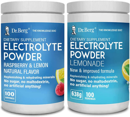 Dr. Berg&#039;s Electrolyte Powder 100 Servings Bundle - Raspberry Lemon and Lemonade Natural Flavors - Hydration Drink Mix Supplement Rejuvenate Your Cells Boost Energy and Keto Friendly - No Ingredients from