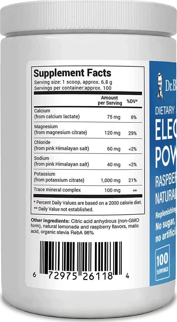 Dr. Berg&#039;s Electrolyte Powder, Raspberry and Lemon Natural Flavor - Hydration Drink Mix Supplement w/ 13x Potassium - Boost Energy and Keto Friendly - NO Maltodextrin Sugar and Carb Free - 100 Servings