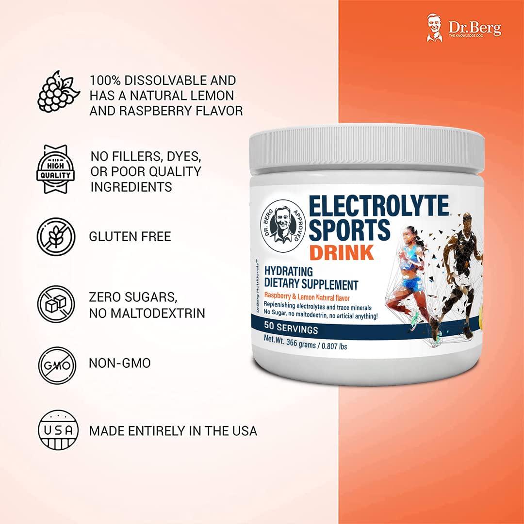 Dr. Berg&#039;s Electrolyte Sports Drink - Potassium Supplement High Energy Workouts Replenish and Rejuvenate Your Cells 50 Servings - Made in The USA NO Maltodextrin or Sugar - Raspberry Lemon Flavor
