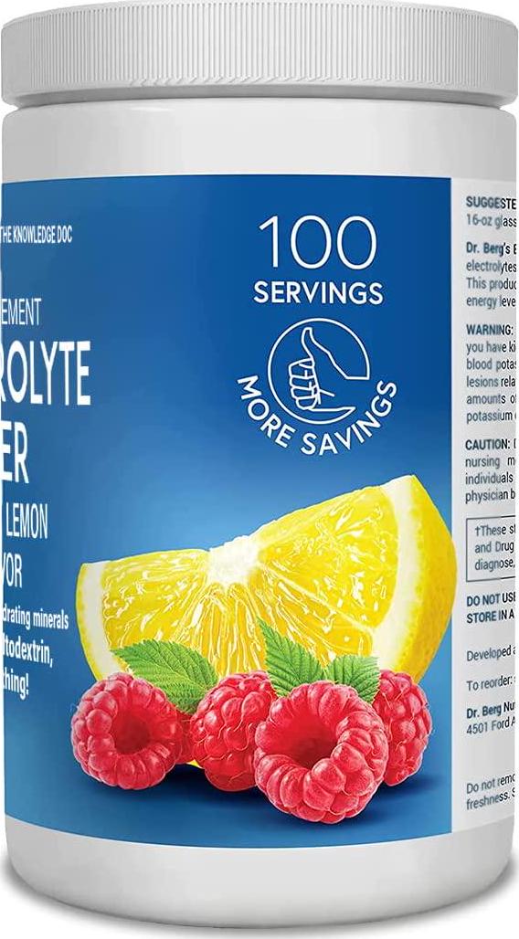 Dr. Berg&#039;s Electrolyte Powder, Raspberry and Lemon Natural Flavor - Hydration Drink Mix Supplement w/ 13x Potassium - Boost Energy and Keto Friendly - NO Maltodextrin Sugar and Carb Free - 100 Servings