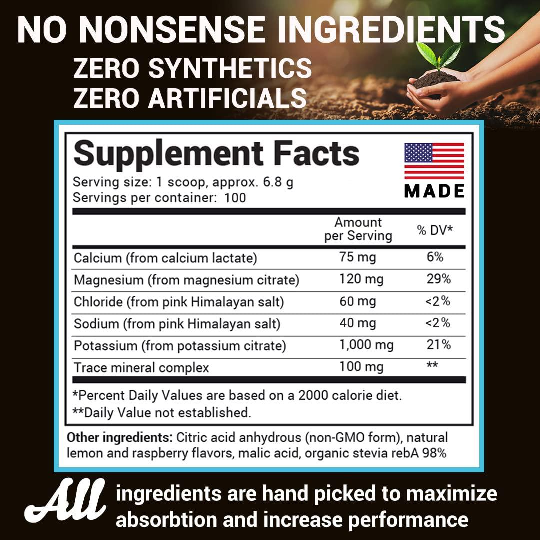 Dr. Berg&#039;s Electrolyte Powder, Raspberry and Lemon Natural Flavor - Hydration Drink Mix Supplement w/ 13x Potassium - Boost Energy and Keto Friendly - NO Maltodextrin Sugar and Carb Free - 100 Servings