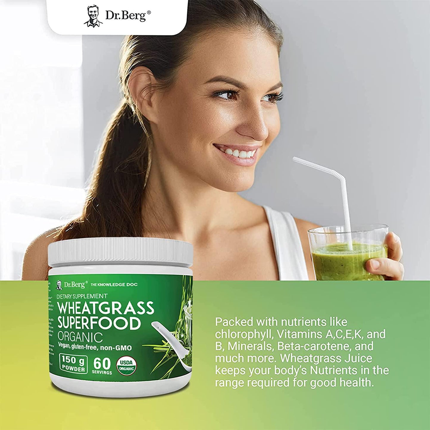 Dr. Berg's Wheat Grass Superfood Powder - Raw Juice Organic Ultra-Concentrated Rich in Vitamins and Nutrients - Chlorophyll and Trace Minerals - 60 Servings - Gluten-Free Non-GMO - 5.3 oz (1 Pack)