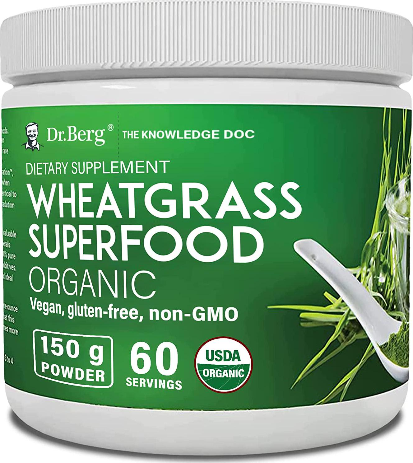 Dr. Berg's Wheat Grass Superfood Powder - Raw Juice Organic Ultra-Concentrated Rich in Vitamins and Nutrients - Chlorophyll and Trace Minerals - 60 Servings - Gluten-Free Non-GMO - 5.3 oz (1 Pack)