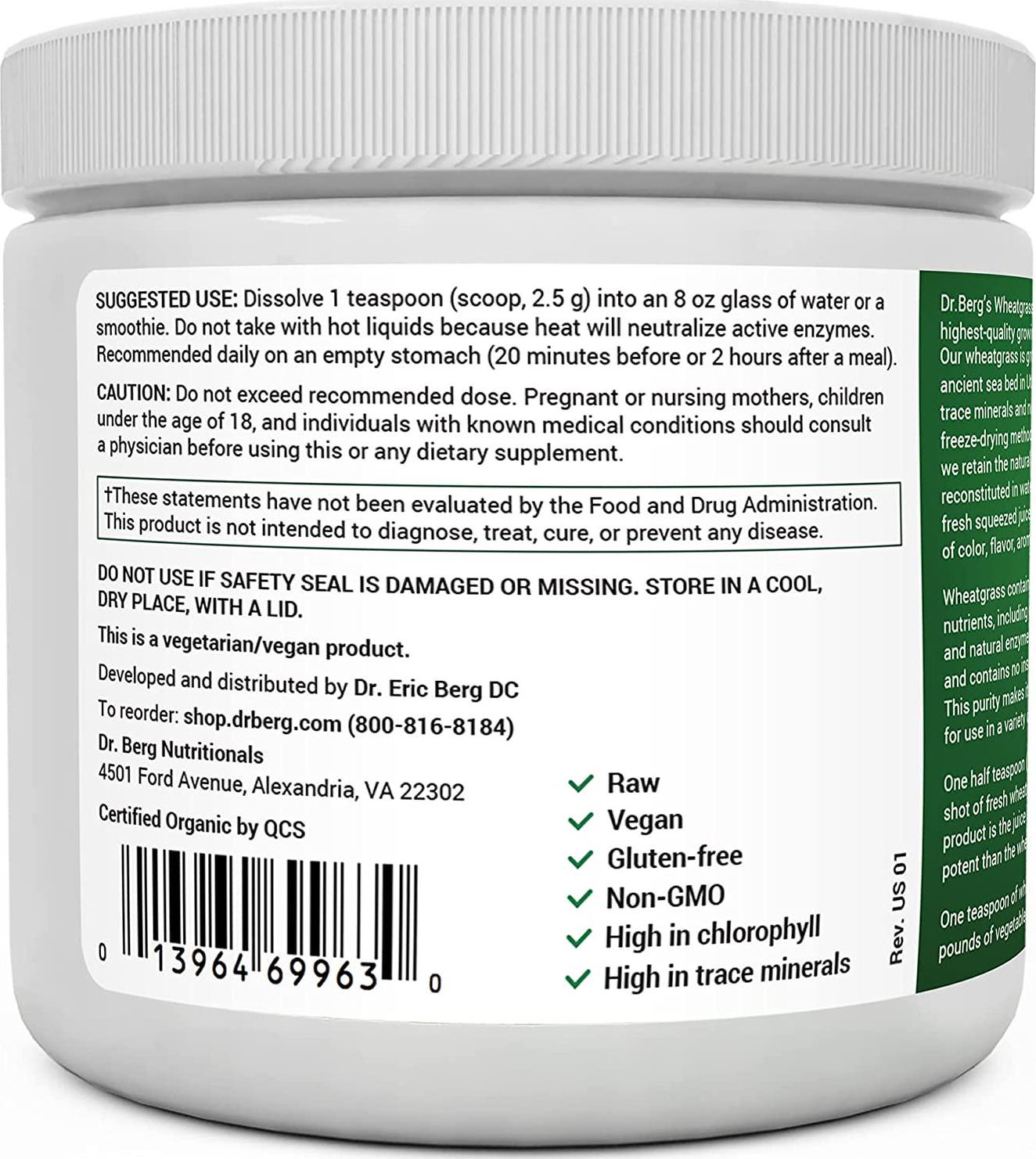 Dr. Berg's Wheat Grass Superfood Powder - Raw Juice Organic Ultra-Concentrated Rich in Vitamins and Nutrients - Chlorophyll and Trace Minerals - 60 Servings - Gluten-Free Non-GMO - 5.3 oz (1 Pack)